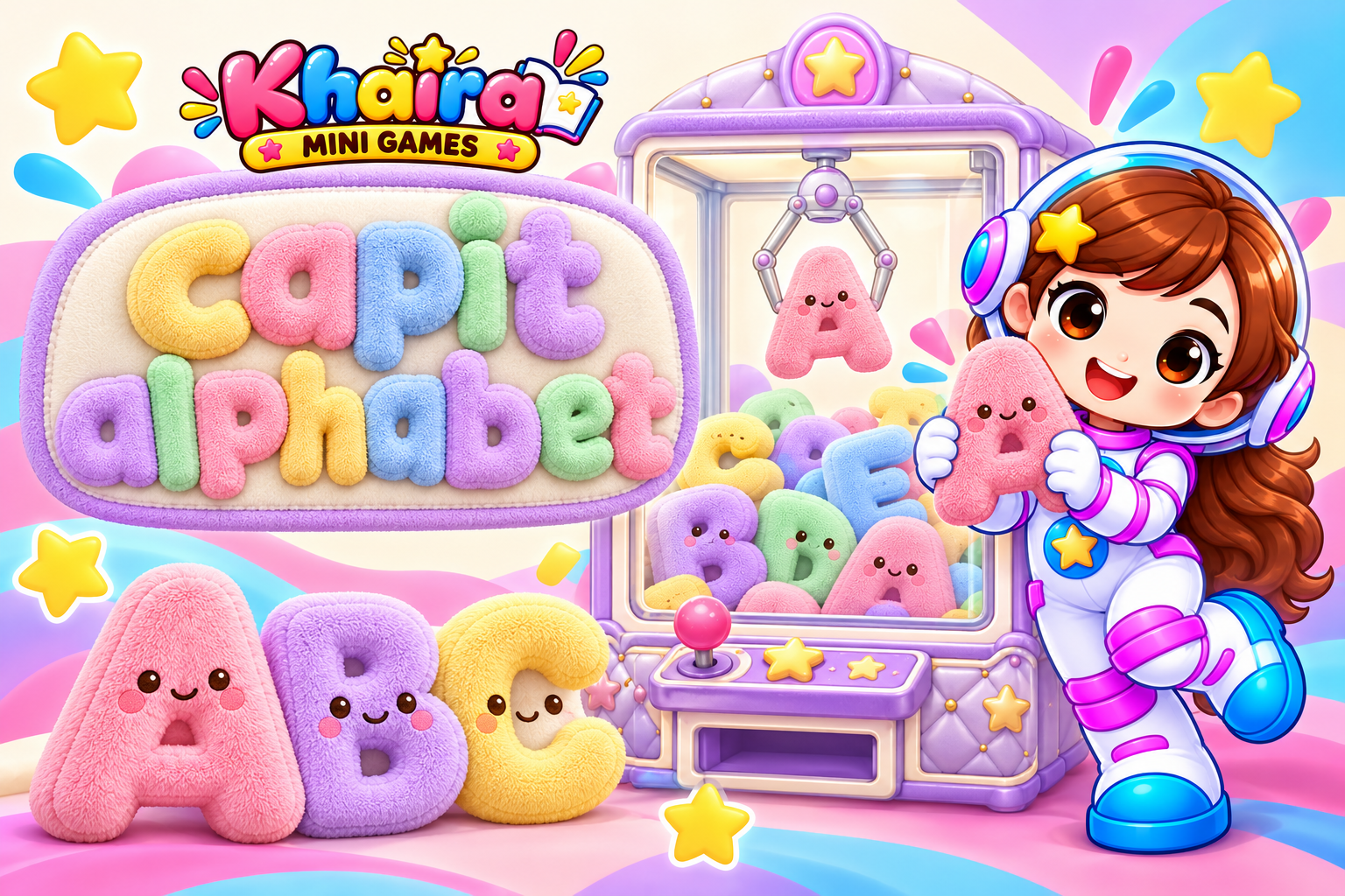 Capit Alphabet: maskot Khaira, mesin capit lavender, dan boneka huruf A B C
